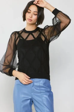 Long Sleeve Tops|Sweaters-Current Air Sheer Crosshatch Cami-lined Top BLACK
