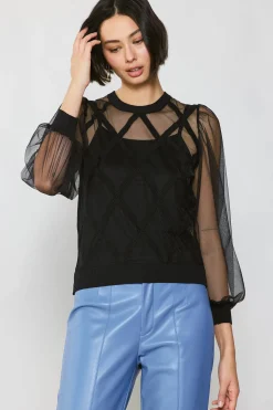 Long Sleeve Tops|Sweaters-Current Air Sheer Crosshatch Cami-lined Top BLACK