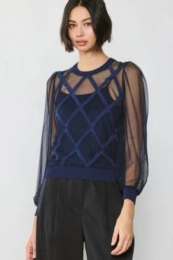 Long Sleeve Tops|Sweaters-Current Air Sheer Crosshatch Cami-lined Top NAVY