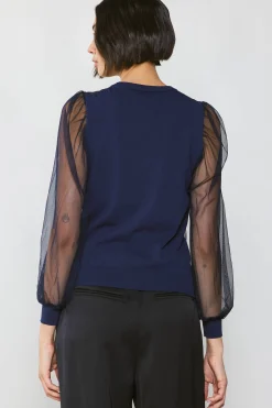Long Sleeve Tops|Sweaters-Current Air Sheer Crosshatch Cami-lined Top NAVY