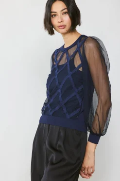 Long Sleeve Tops|Sweaters-Current Air Sheer Crosshatch Cami-lined Top NAVY
