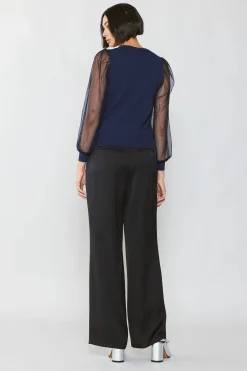 Long Sleeve Tops|Sweaters-Current Air Sheer Crosshatch Cami-lined Top NAVY