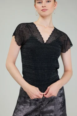 Knitwear|Sweaters-Current Air Shimmer Lace Top BLACKSILVER