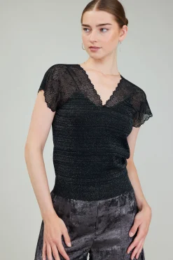 Knitwear|Sweaters-Current Air Shimmer Lace Top BLACKSILVER