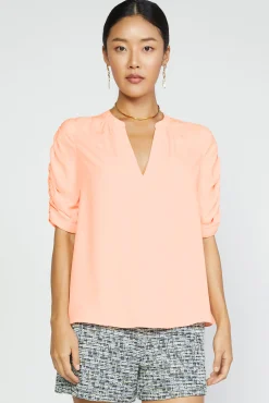 Short Sleeve Tops-Current Air Shirred Sleeve Blouse NEONPEACH