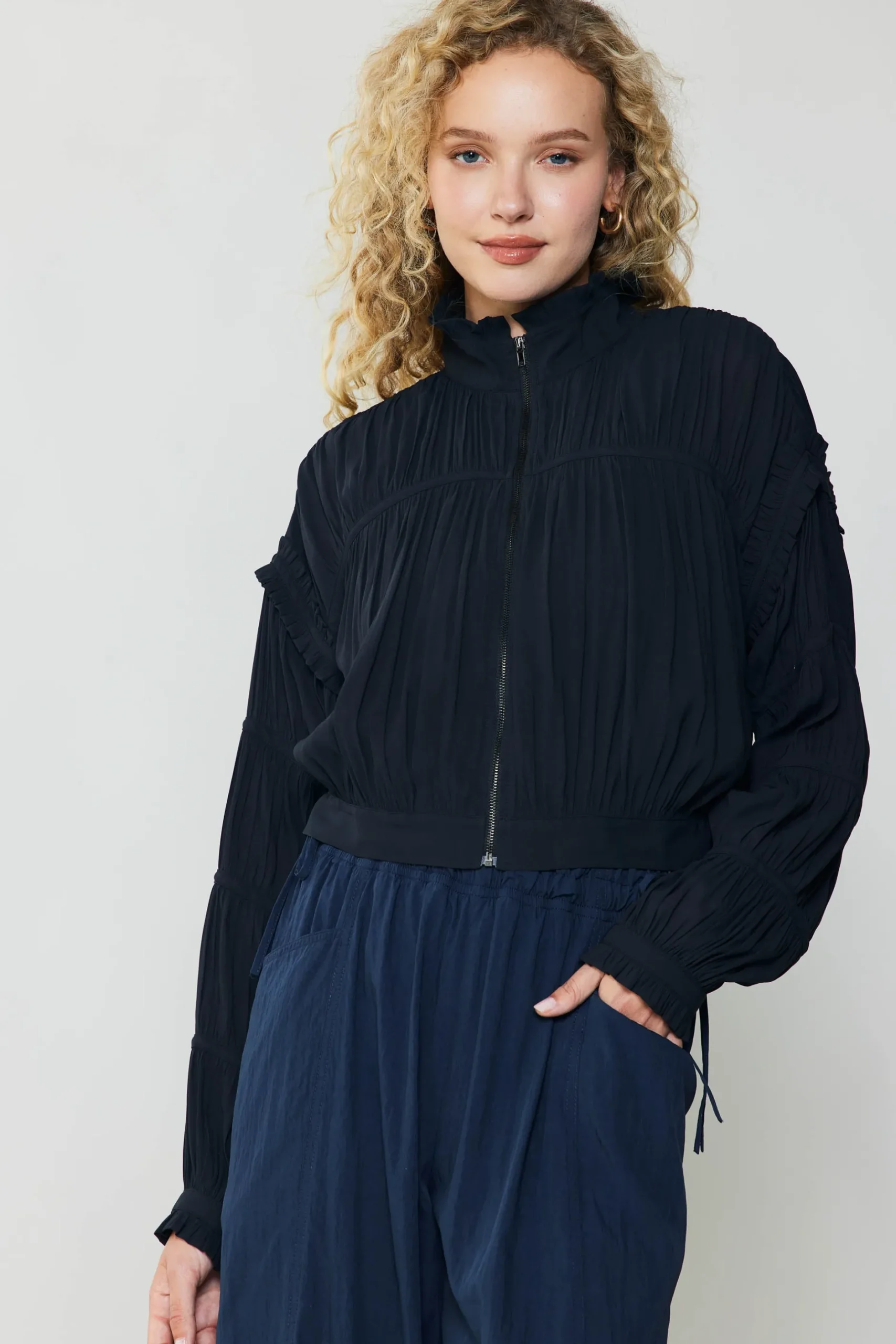 Coats & Jackets-Current Air Shirred Sleeve Jacket BLACK