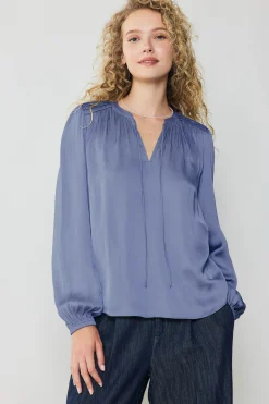 Long Sleeve Tops-Current Air Shirred Yoke Blouse FLORENTINEBLUE