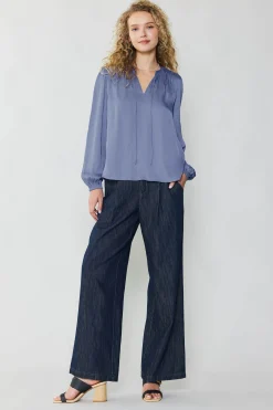 Long Sleeve Tops-Current Air Shirred Yoke Blouse FLORENTINEBLUE