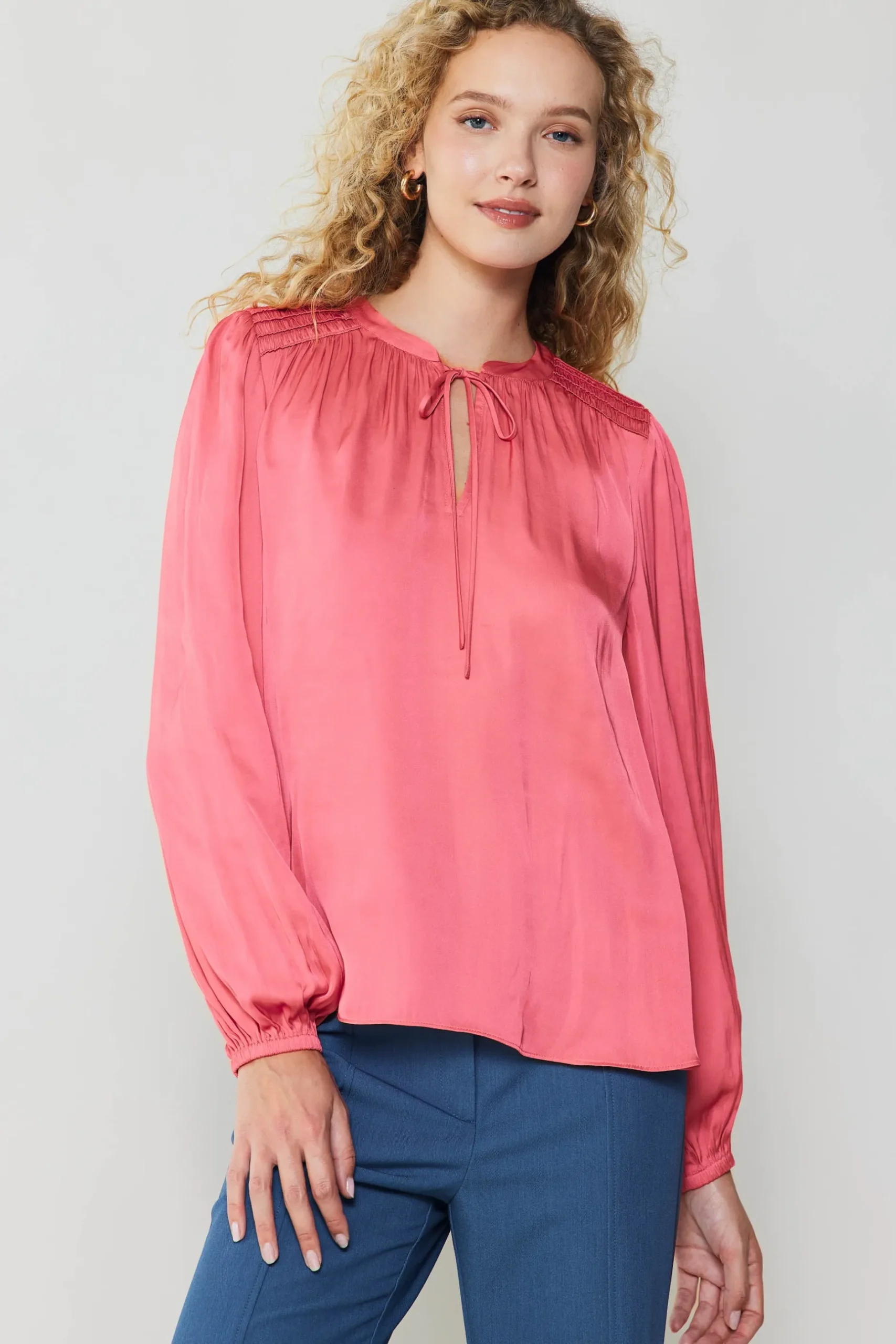 Long Sleeve Tops-Current Air Shirred Yoke Blouse BRINKPINK