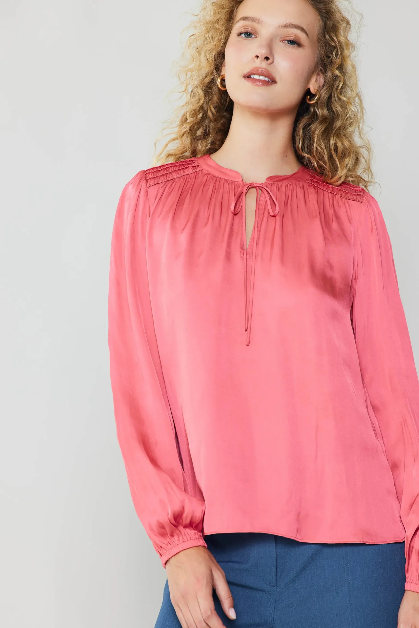 Long Sleeve Tops-Current Air Shirred Yoke Blouse BRINKPINK