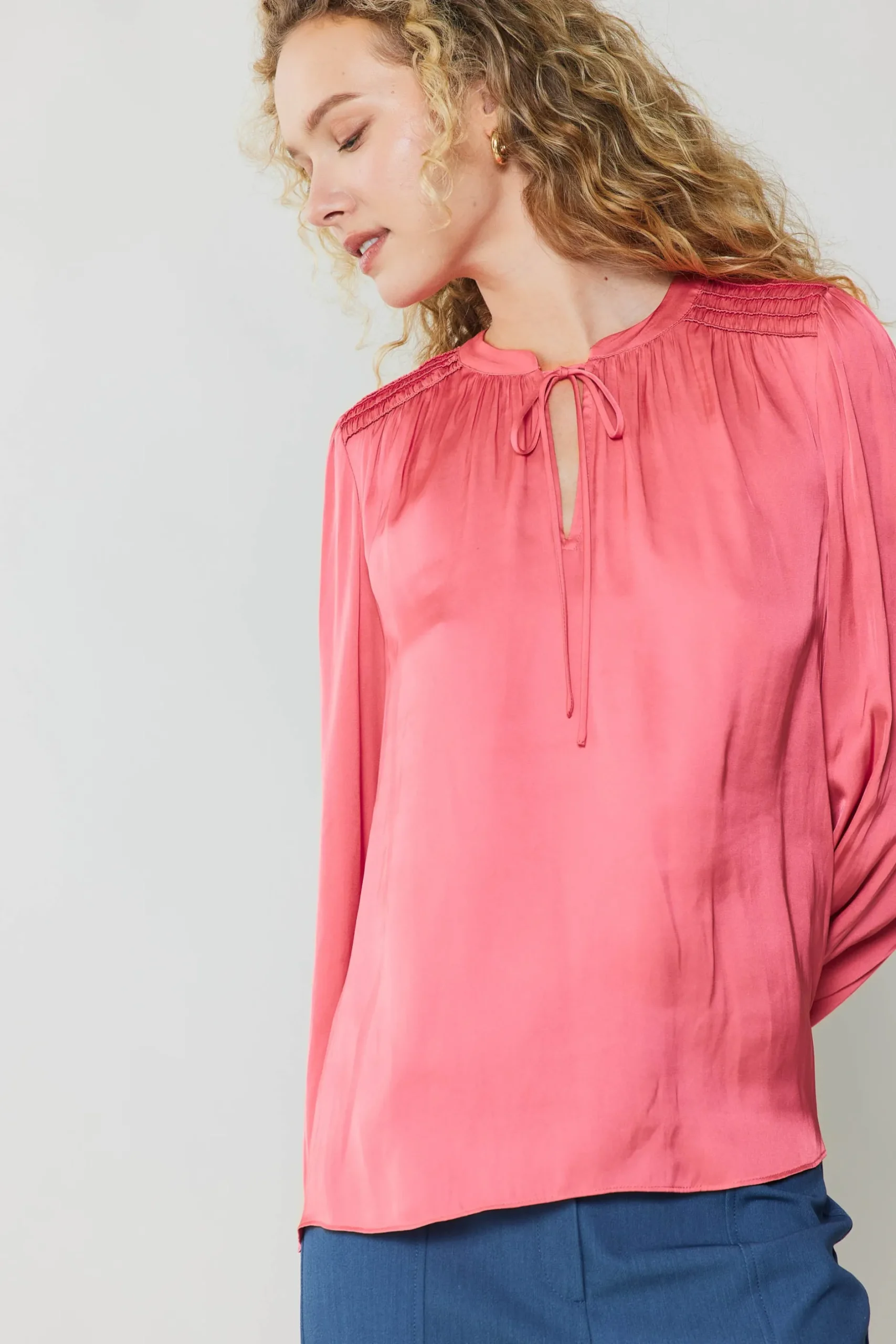 Long Sleeve Tops-Current Air Shirred Yoke Blouse BRINKPINK