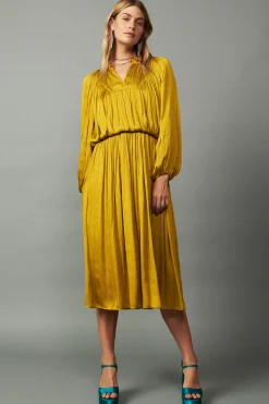 Maxi Dresses-Current Air Shirred Yoke Maxi Dress GOLDENYELLOW