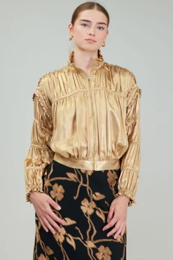 Coats & Jackets-Current Air Shirred Zip Up Jacket GOLD