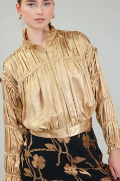 Coats & Jackets-Current Air Shirred Zip Up Jacket GOLD