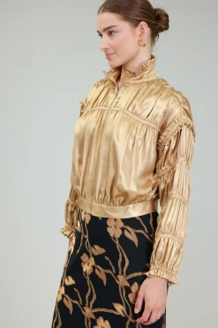 Coats & Jackets-Current Air Shirred Zip Up Jacket GOLD