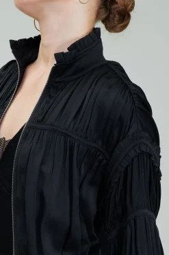 Coats & Jackets-Current Air Shirred Zip Up Jacket BLACK