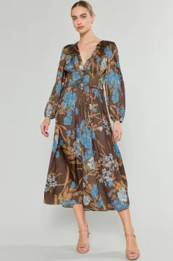 Midi Dresses-Current Air Sidonie Pleated Midi Dress BROWNFLORAL