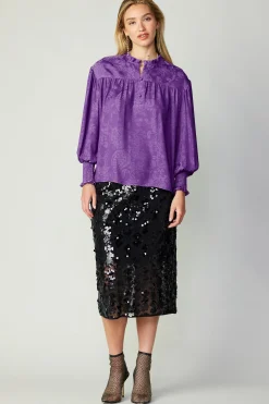 Long Sleeve Tops-Current Air Smocked Cuff Blouse HYPERVIOLET