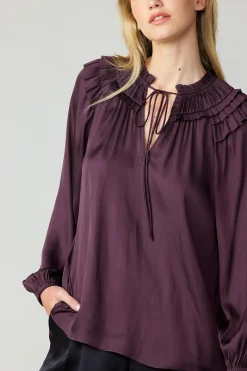 Long Sleeve Tops-Current Air Smocked Shoulder Blouse MIDNIGHTPLUM