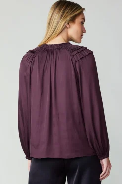 Long Sleeve Tops-Current Air Smocked Shoulder Blouse MIDNIGHTPLUM