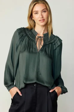 Long Sleeve Tops-Current Air Smocked Shoulder Blouse FORESTGREEN