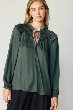 Long Sleeve Tops-Current Air Smocked Shoulder Blouse FORESTGREEN