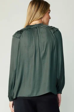 Long Sleeve Tops-Current Air Smocked Shoulder Blouse FORESTGREEN