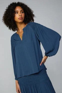Long Sleeve Tops-Current Air Smocked Shoulder Button Blouse FRENCHNAVY