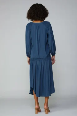 Long Sleeve Tops-Current Air Smocked Shoulder Button Blouse FRENCHNAVY