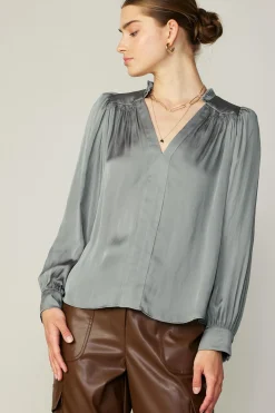 Long Sleeve Tops-Current Air Smocked Shoulder Cuffed Blouse MOSSGREY