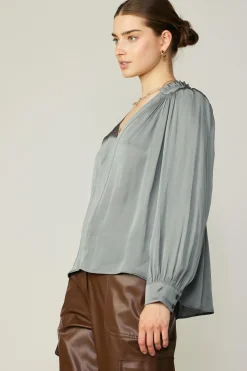 Long Sleeve Tops-Current Air Smocked Shoulder Cuffed Blouse MOSSGREY