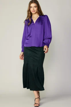 Long Sleeve Tops-Current Air Smocked Shoulder Cuffed Blouse SPACEPURPLE