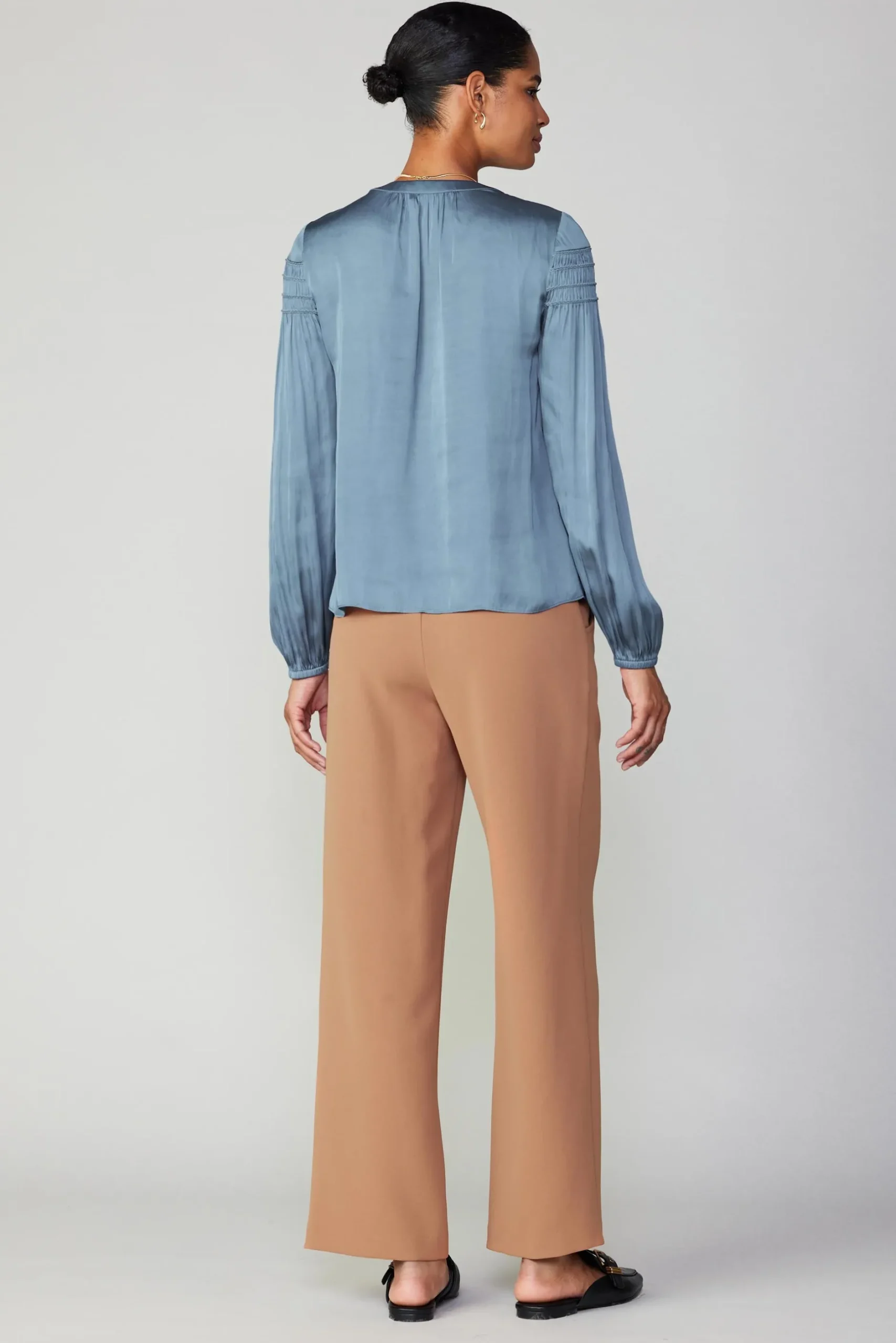 Long Sleeve Tops-Current Air Smocked Sleeve Blouse DUSTYSKY