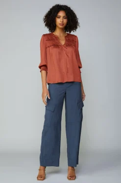 Long Sleeve Tops-Current Air Smocked Split Neck Blouse ROSEWOOD
