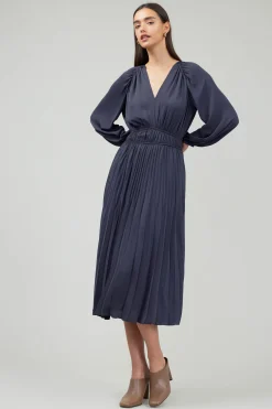 Midi Dresses-Current Air Smocked Vneck Midi Dress DARKSLATENAVY