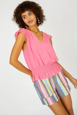 Sleeveless Tops-Current Air Smocked Waist Cap Sleeve Top PINK