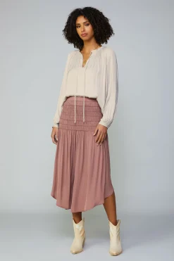 Skirts-Current Air Smocked Waist Midi Skirt DUSTYCLAY
