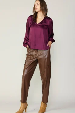 Long Sleeve Tops-Current Air Smocked Yoke Blouse WINE