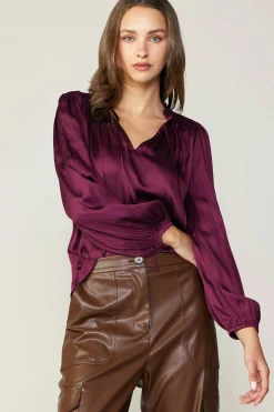 Long Sleeve Tops-Current Air Smocked Yoke Blouse WINE