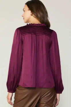 Long Sleeve Tops-Current Air Smocked Yoke Blouse WINE