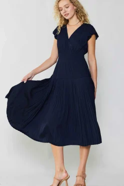 Midi Dresses-Current Air Sophia Flutter Sleeve Midi Dress NAVY