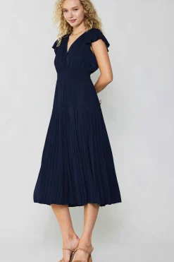 Midi Dresses-Current Air Sophia Flutter Sleeve Midi Dress NAVY