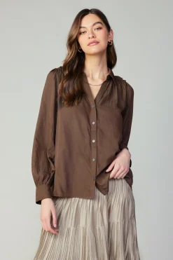 Long Sleeve Tops-Current Air Split Neck Buttoned Shirt COCOA