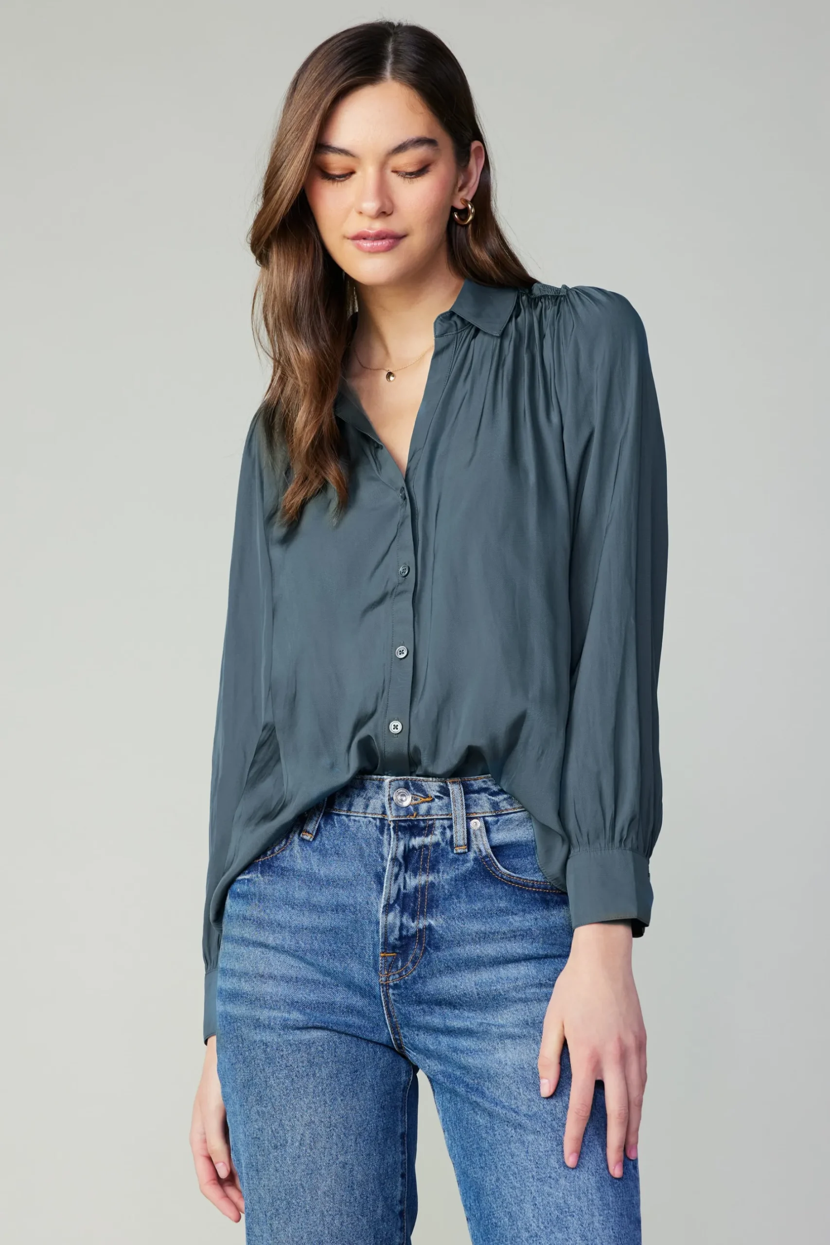 Long Sleeve Tops-Current Air Split Neck Buttoned Shirt FORESTGREEN