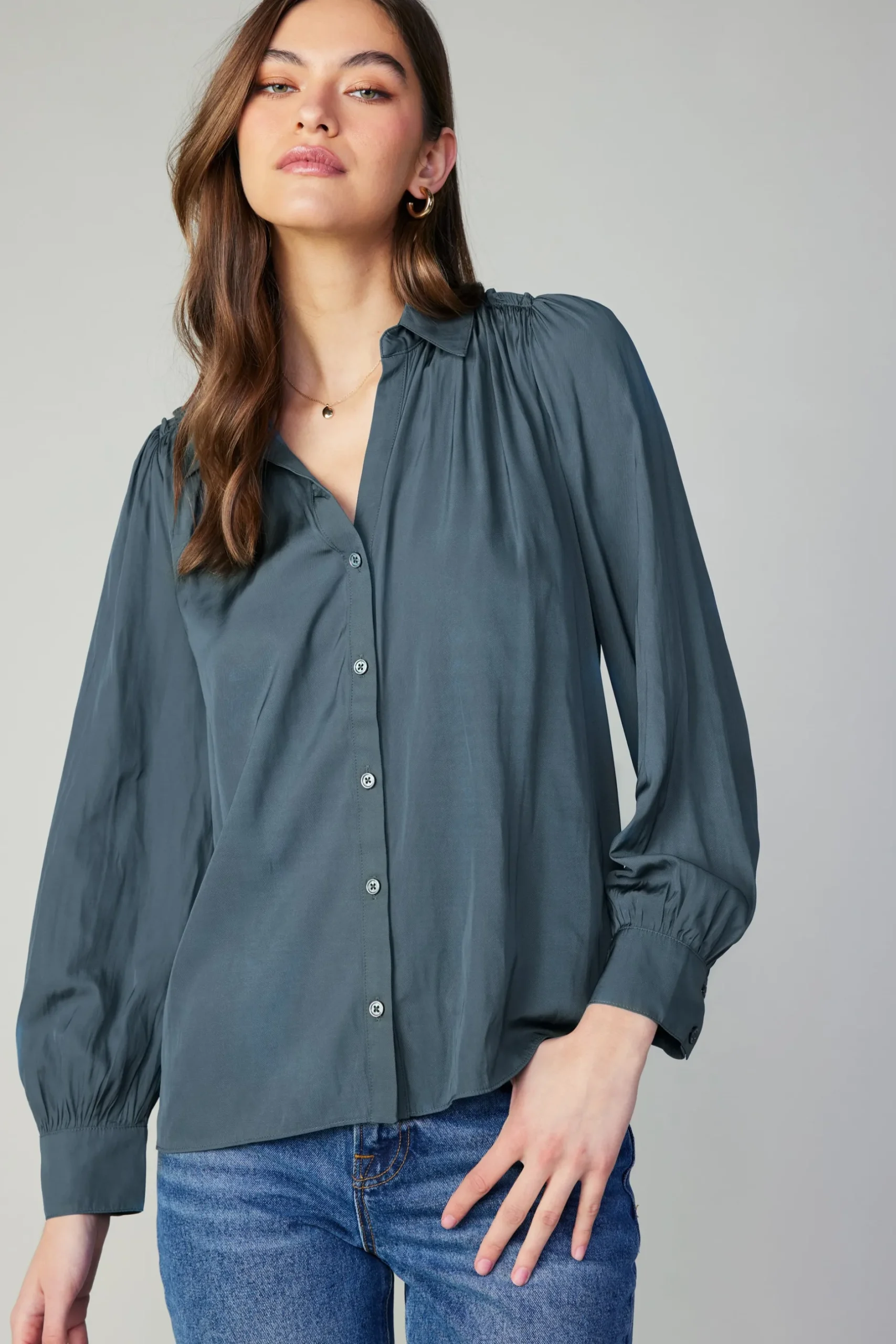 Long Sleeve Tops-Current Air Split Neck Buttoned Shirt FORESTGREEN