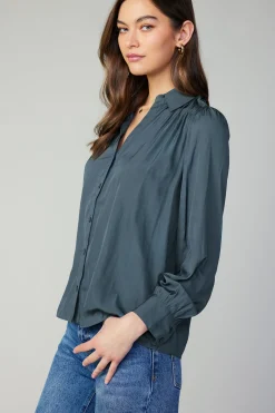 Long Sleeve Tops-Current Air Split Neck Buttoned Shirt FORESTGREEN