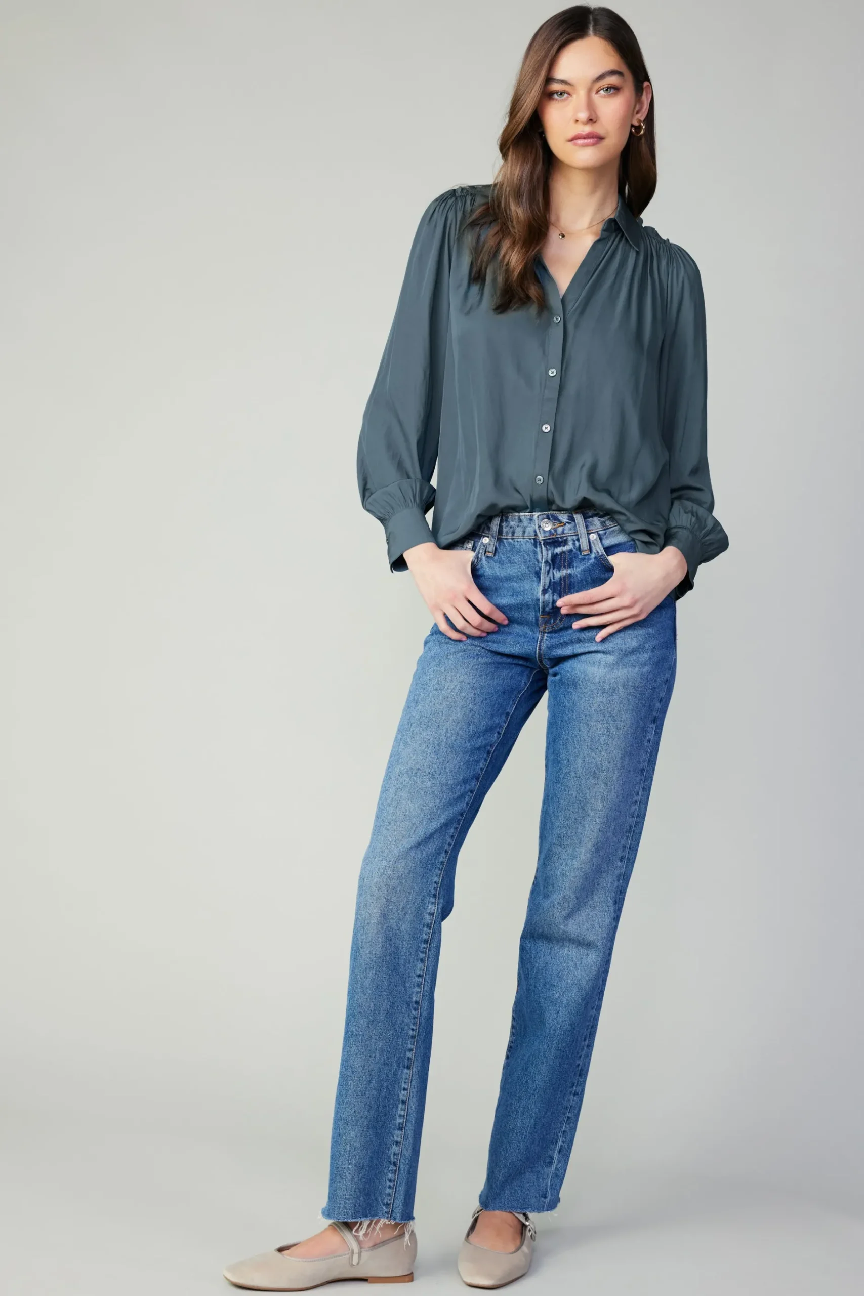 Long Sleeve Tops-Current Air Split Neck Buttoned Shirt FORESTGREEN