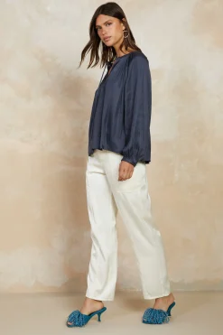 Long Sleeve Tops-Current Air Split Neck Long Sleeve Top CHARCOAL