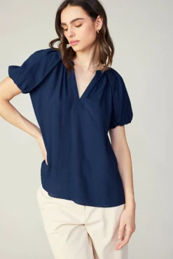 Short Sleeve Tops-Current Air Split Neckline Top NAVY