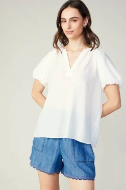 Short Sleeve Tops-Current Air Split Neckline Top WHITE
